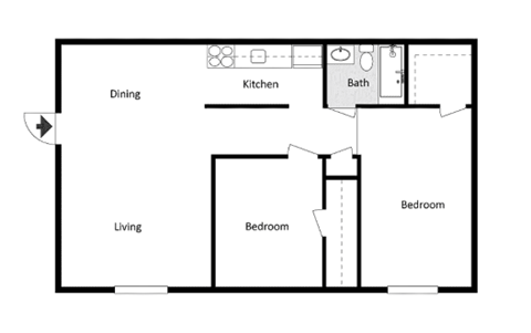 A floor plan of a small apartment with a living room, kitchen, dining area, and two bedrooms.